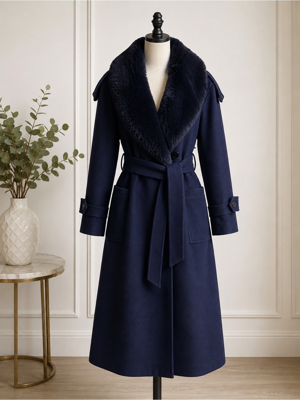 Badgley Mischka Navy Wool Trench Coat with Faux-Fur Collar - Like new